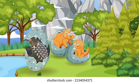 Scene with dinosaurs in the forest illustration