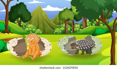 Scene with dinosaurs in the forest illustration