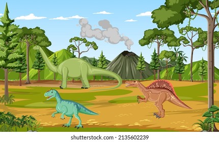Scene with dinosaurs in the forest illustration
