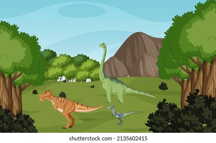 Scene with dinosaurs in the forest illustration