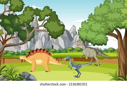 Scene with dinosaurs in the forest illustration