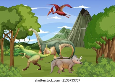 Scene with dinosaurs in forest illustration