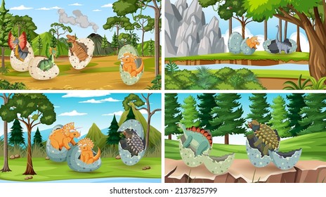 Scene with dinosaurs in the forest illustration