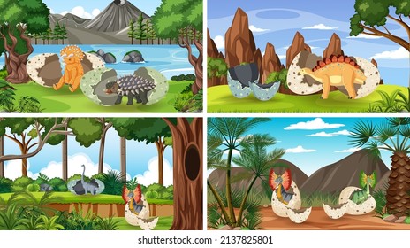 Escena con dinosaurios en la ilustración forestal