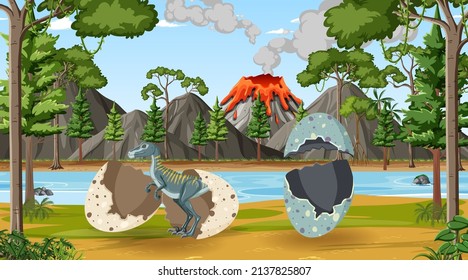 Scene with dinosaurs in the forest illustration