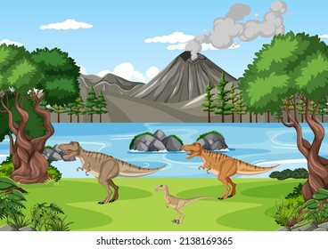 Scene with dinosaurs in the forest illustration