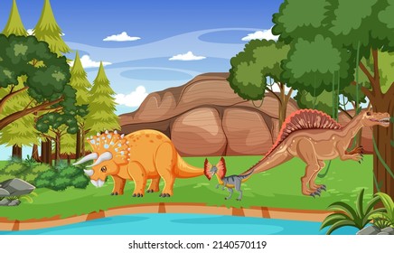 Scene with dinosaurs in the forest illustration