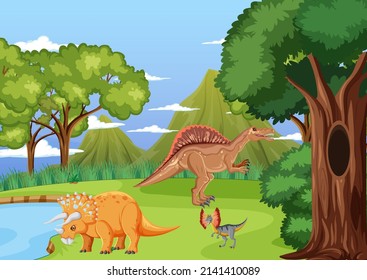 Scene with dinosaurs in forest illustration