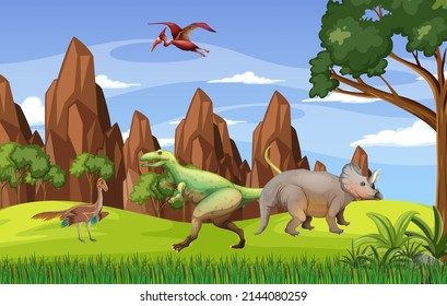 Scene with dinosaurs in forest illustration