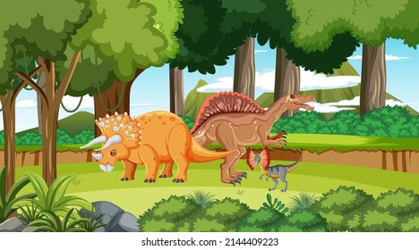 Scene with dinosaurs in the forest illustration
