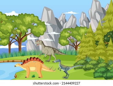 Scene with dinosaurs in the forest illustration