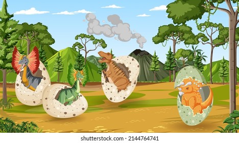 Scene with dinosaurs in the forest illustration