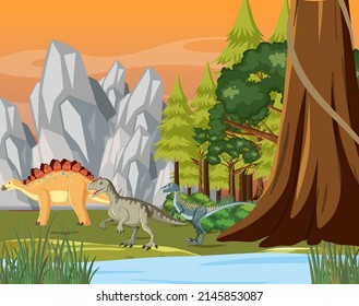 Scene with dinosaurs in the forest illustration