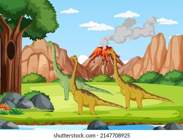 Scene with dinosaurs in the forest illustration