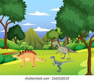 Scene with dinosaurs in forest illustration