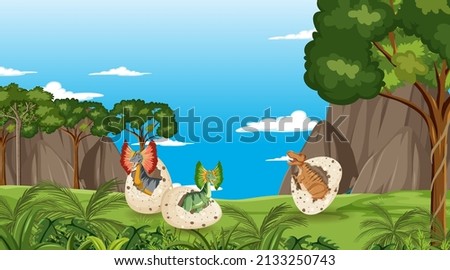 Scene with dinosaurs in the forest illustration