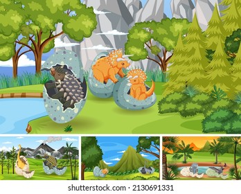 Scene with dinosaurs hatching illustration