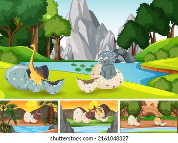 Scene with dinosaurs hatching illustration