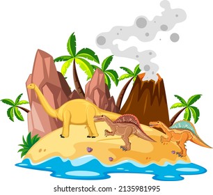 Scene with dinosaurs on island illustration