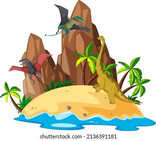 Scene with dinosaurs on island illustration