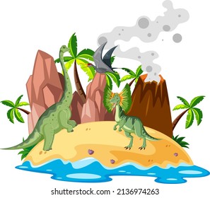 Scene with dinosaurs on island illustration