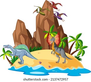 Scene with dinosaurs on island illustration
