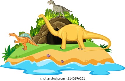 Scene with dinosaurs on island illustration