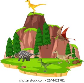 Scene with dinosaurs on island illustration