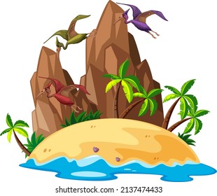 Scene with dinosaurs pteranodon on island illustration