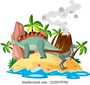 Scene with dinosaurs stegosaurus and raptor on island illustration
