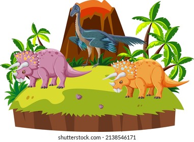 Scene with dinosaurs triceratops on island illustration