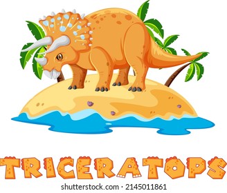 Scene with dinosaurs triceratops with text design on island illustration