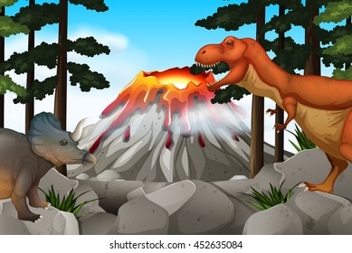 Scene with dinosaurs and volcano illustration