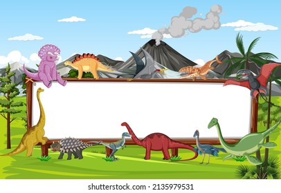 Scene with dinosaurs and whiteboard in the field illustration