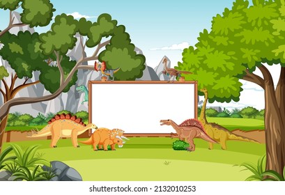Scene with dinosaurs and whiteboard in the forest illustration