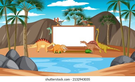 Scene with dinosaurs and whiteboard in the forest illustration