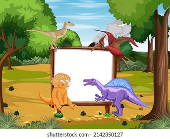 Scene with dinosaurs and whiteboard in forest illustration