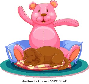 Scene with dog sleeping with big teddy bear illustration