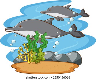 Scene with dolphin swimming in the sea illustration