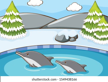 Scene and dolphins in the water illustration
