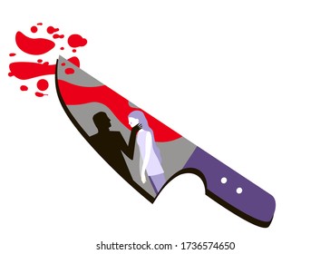 A Scene Of Domestic Violence On A Knife. Concept Of Preventing Violence Against Women. Man Holding His Wife Wanting To Kill Her.