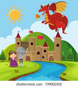 Scene with dragon and knight in fairyland illustration