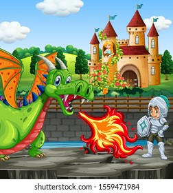 Scene with dragon and knight  illustration