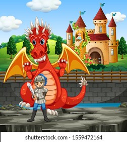 Scene with dragon and knight  illustration