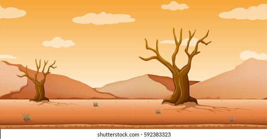 Scene with dried trees in desert field illustration