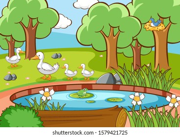 Escena con patos y pájaro junto al estanque
