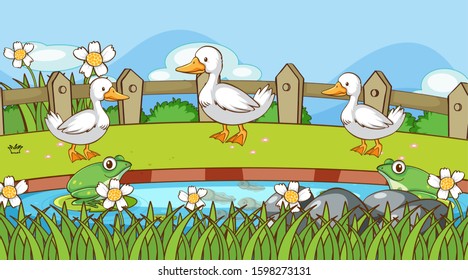 Scene with ducks and frogs by the pond illustration