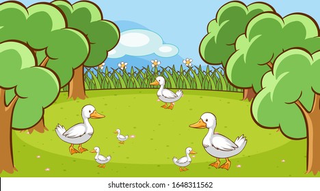 Scene with ducks in the garden illustration