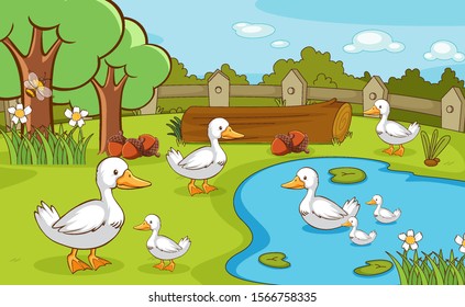 Scene with ducks in the pond illustration