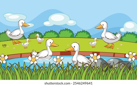 Scene with ducks in river vector image
